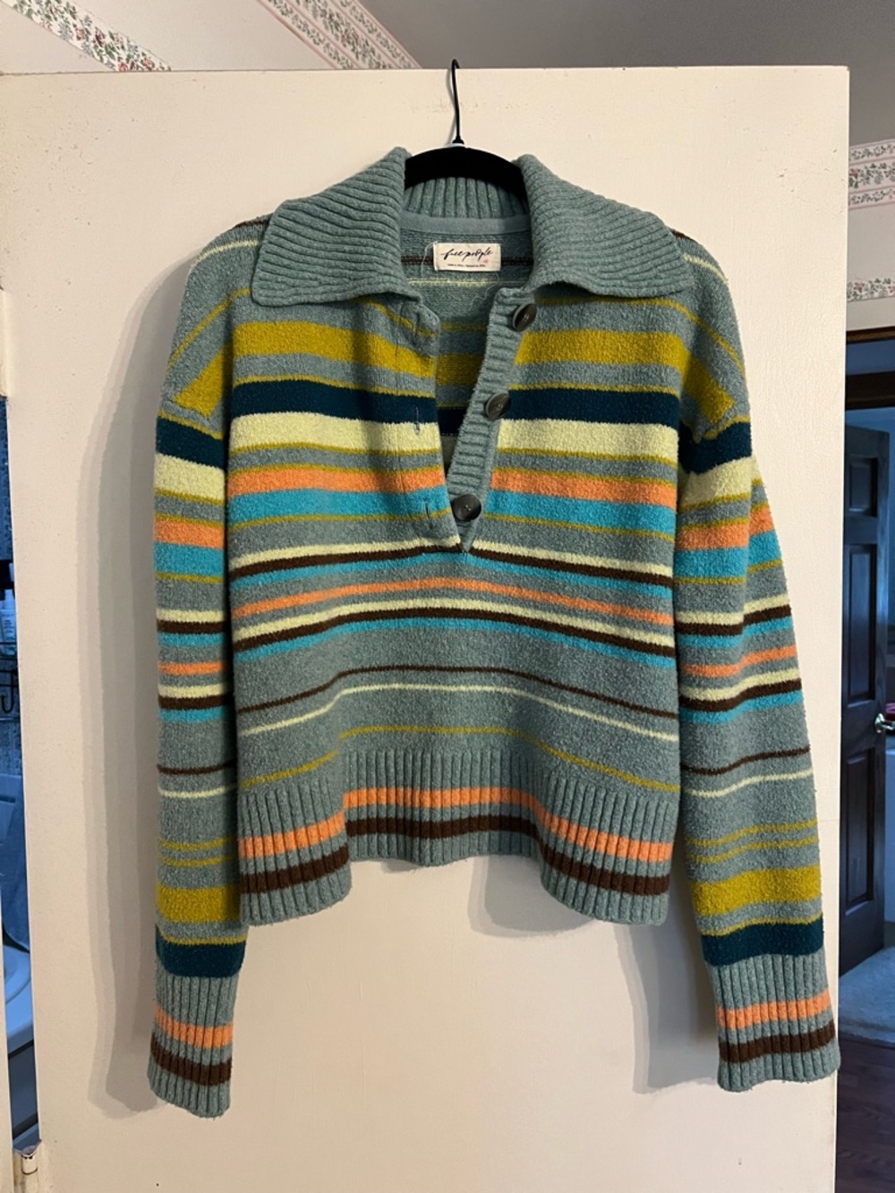 Free People Striped Button-Collar Pullover in Teal and Multicolor